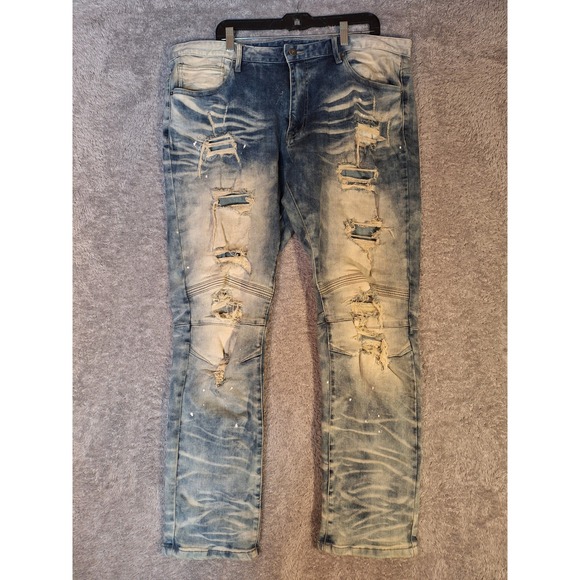 SMOKE RISE DENIM CO Other - SMOKE RISE DENIM CO Mens Jeans 40x32 Blue Distressed Moto Ripped Splatter Grunge